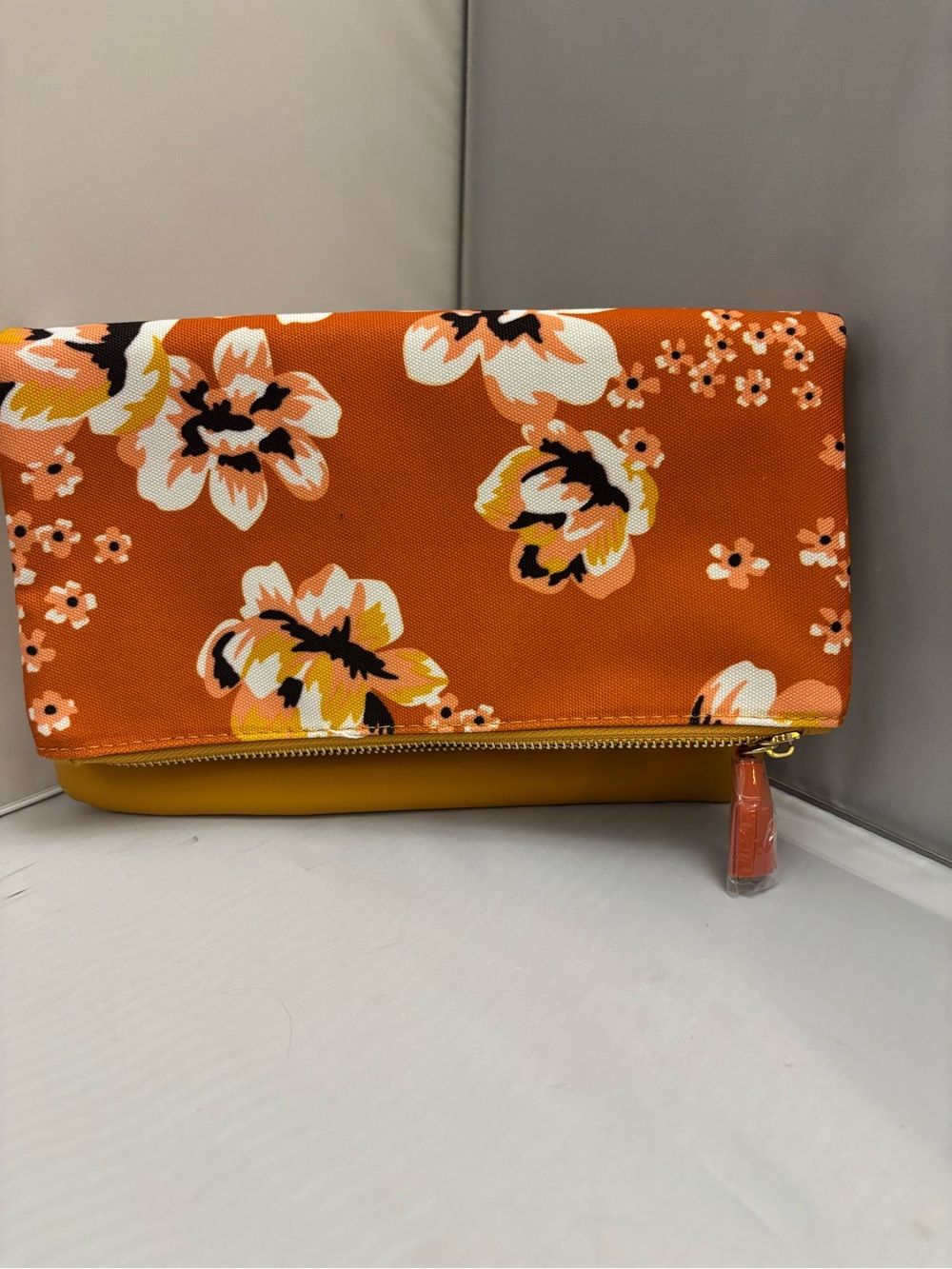 Rachel Pally Orange Floral Fold-Over Clutch with Yellow Trim